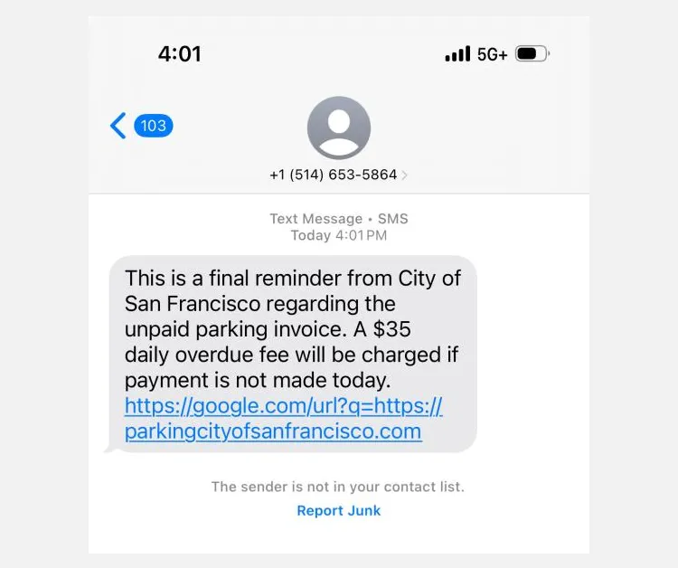 Ví dụ tin nhắn lừa đảo phạt phí đỗ xe giả mạo từ San Francisco (SFMTA) hiển thị trên điện thoại.