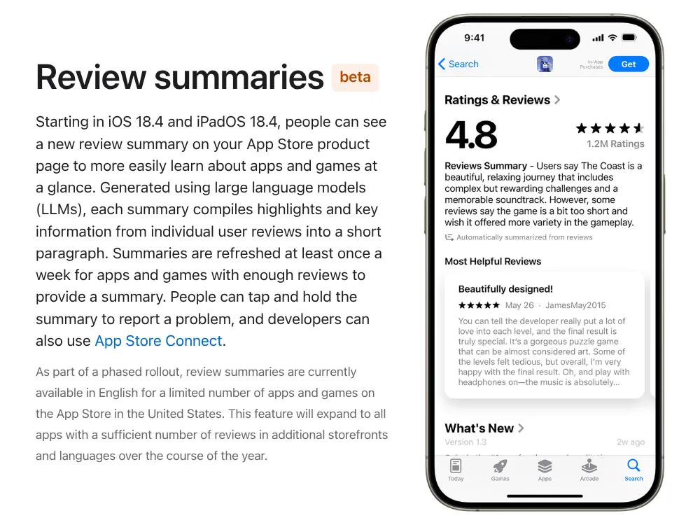 Ví dụ về bản tóm tắt đánh giá ứng dụng trên App Store được tạo bằng AI