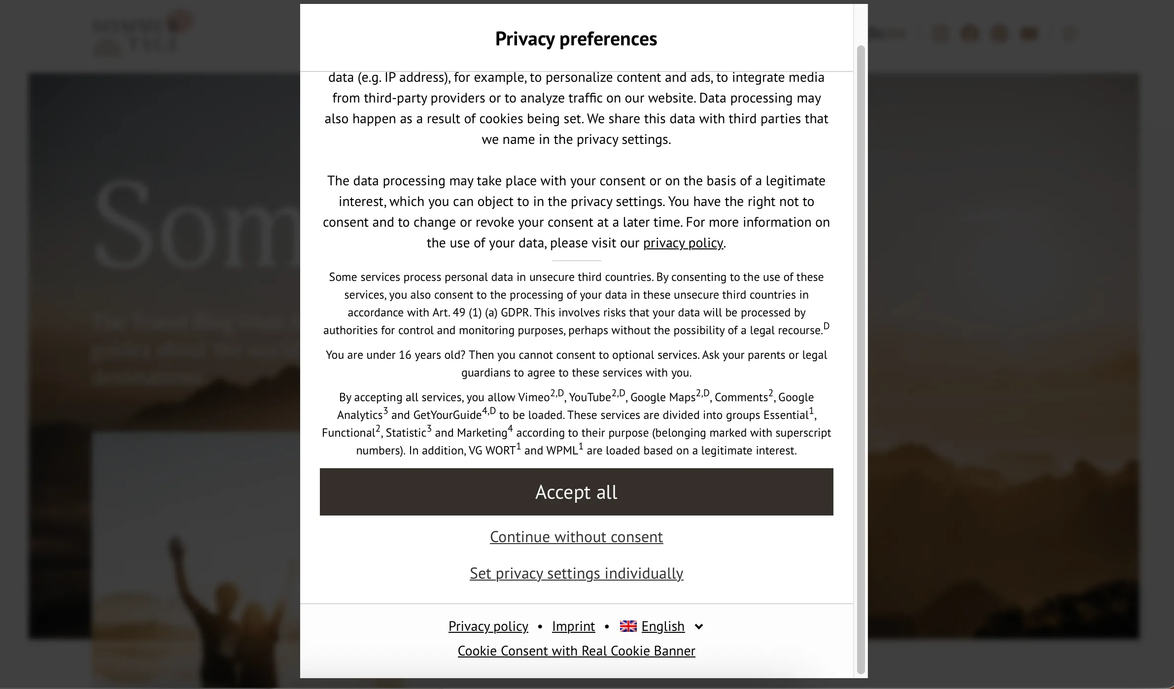 Ví dụ về banner yêu cầu chấp thuận cookie xuất hiện trên một trang web.