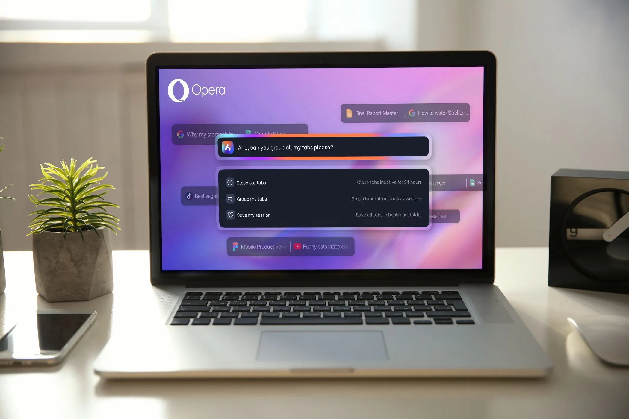 Ví dụ về lệnh Tab Commands của Opera Aria AI trên màn hình laptop, minh họa tính năng quản lý tab