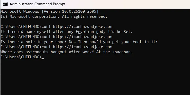 Ví dụ về truyện cười &quot;ông bố&quot; hiển thị trong Command Prompt