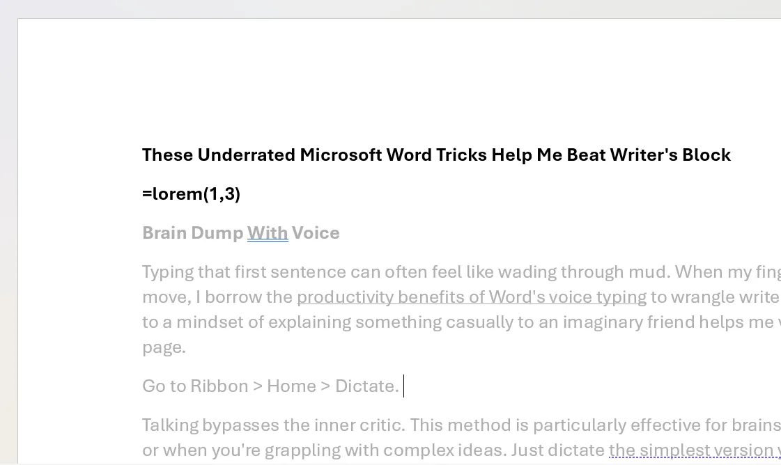 Ví dụ về văn bản giữ chỗ Lorem Ipsum được chèn trong Microsoft Word bằng lệnh =lorem()