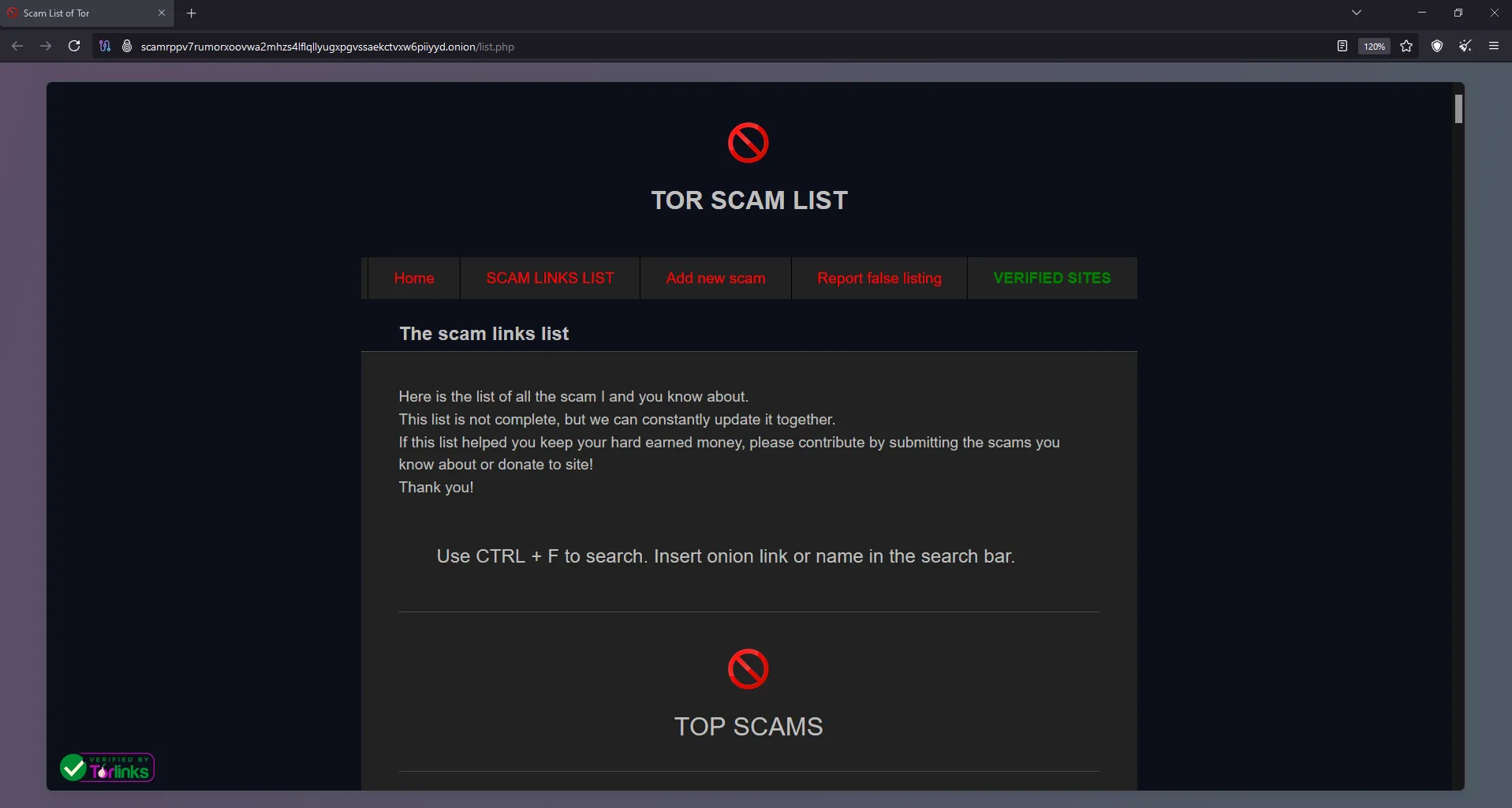 Ví dụ về website &quot;Top Scam List&quot; trên Dark Web, minh họa các dấu hiệu lừa đảo phổ biến