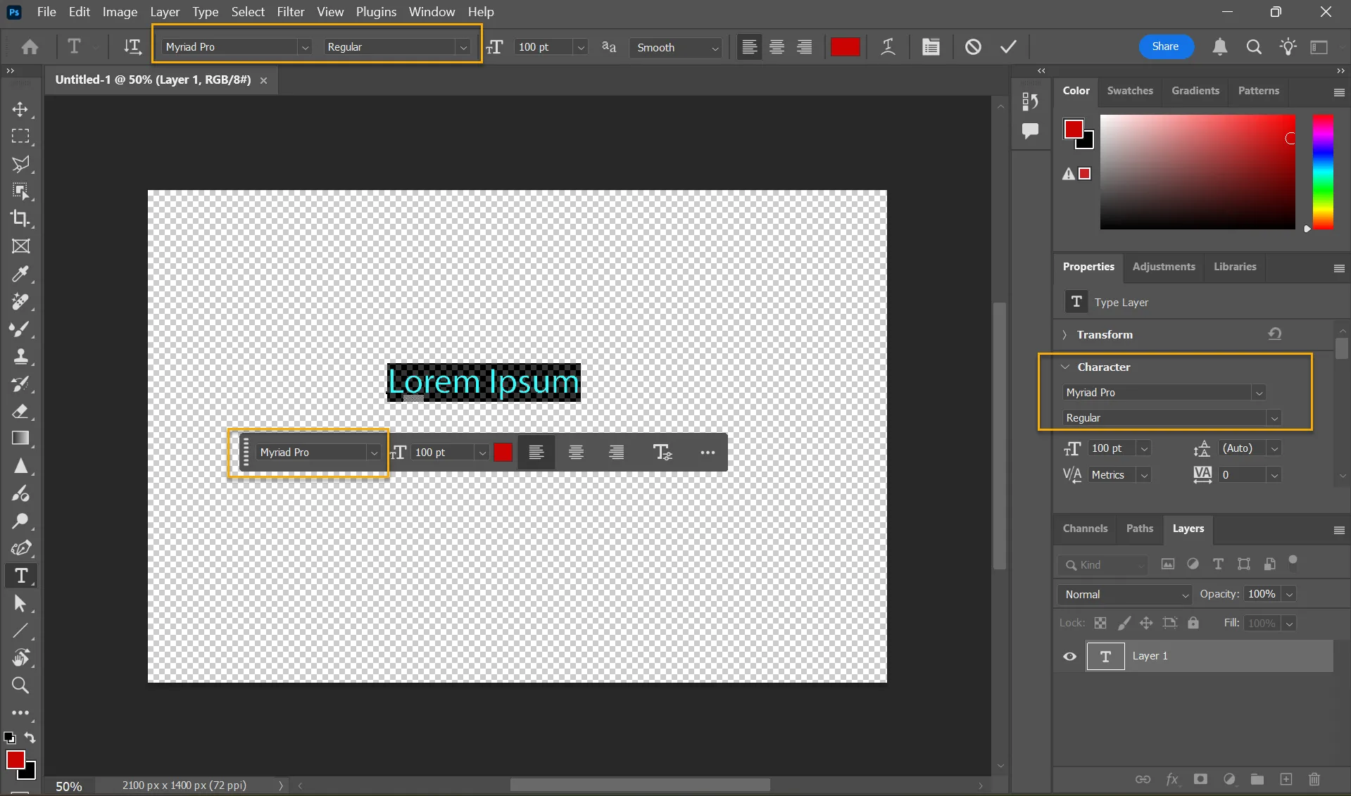 Vị trí các công cụ trình duyệt font trong giao diện Adobe Photoshop