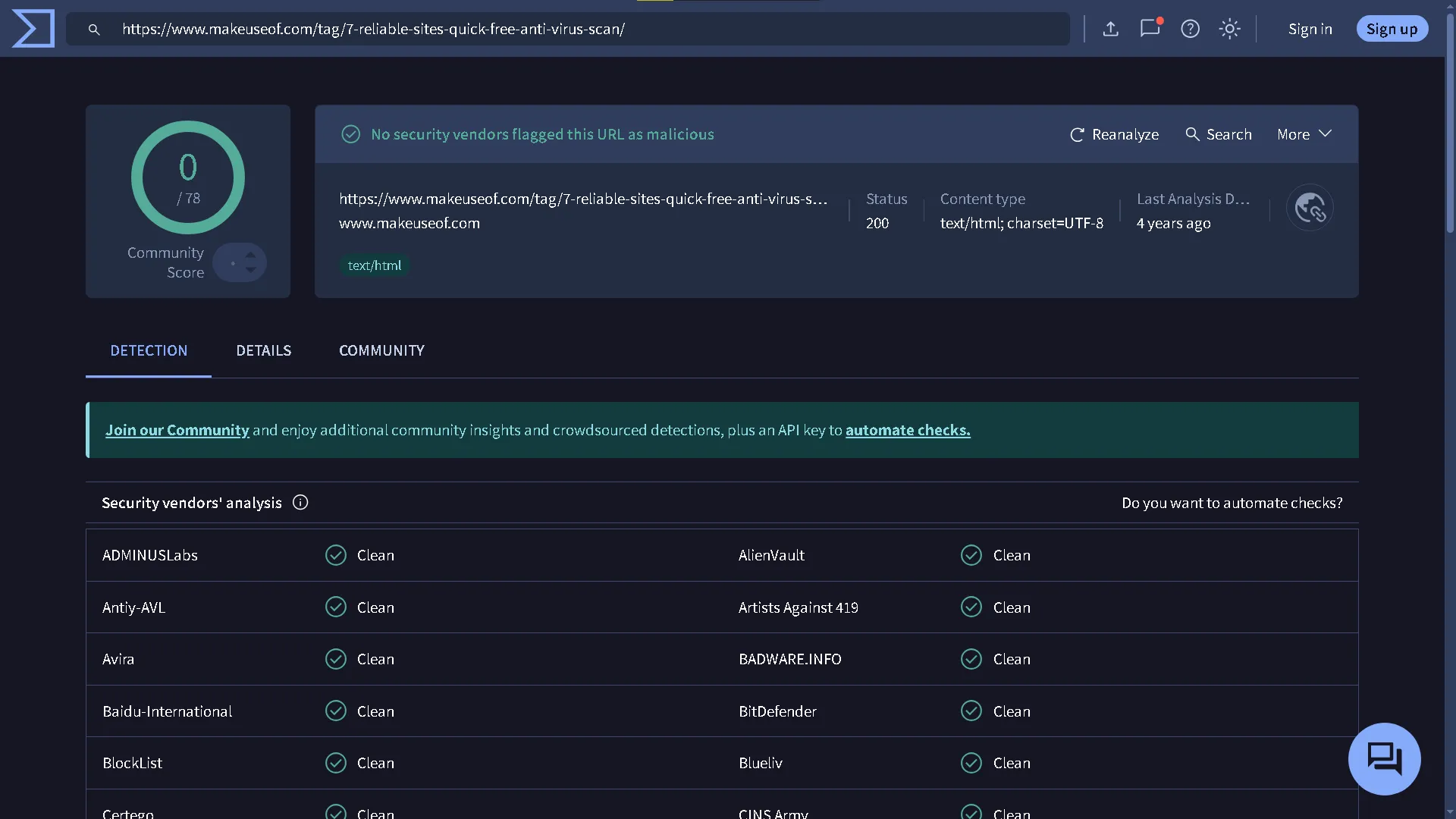 VirusTotal đang quét một đường dẫn URL để kiểm tra phần mềm độc hại trên giao diện website