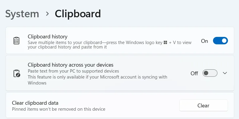 Vô hiệu hóa đồng bộ lịch sử clipboard qua đám mây trên Windows 11.