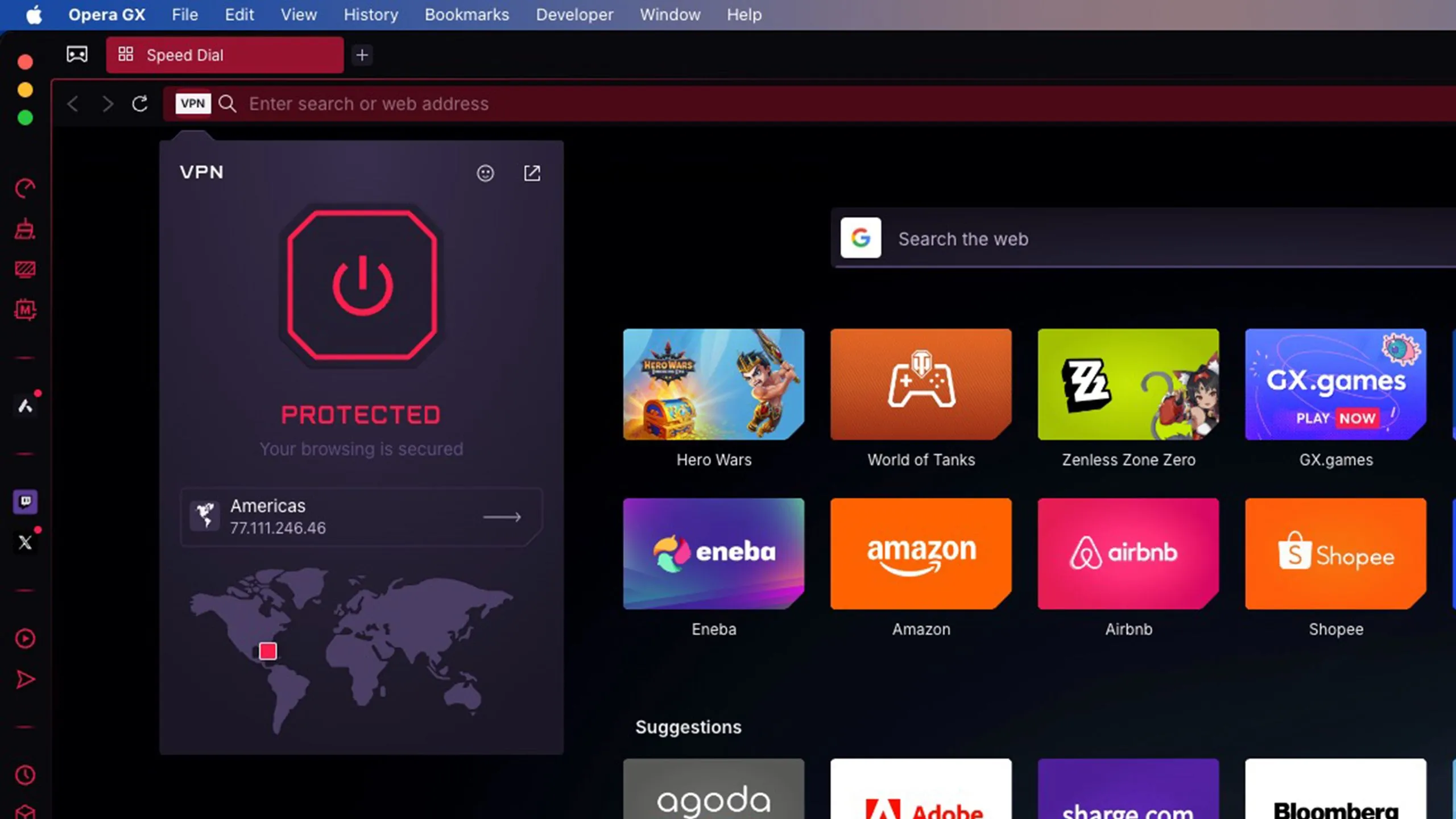 VPN tích hợp trên trình duyệt Opera GX