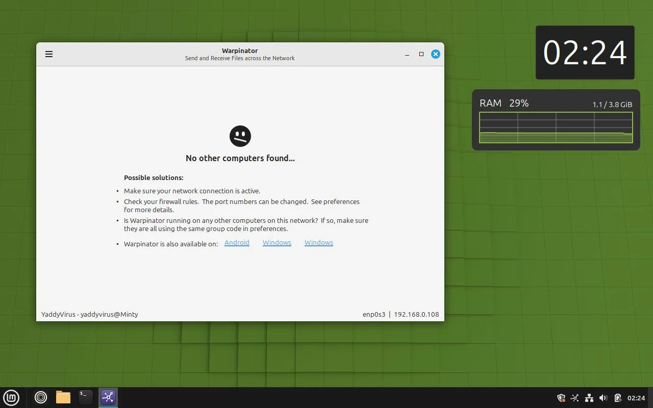Warpinator đang chạy trên Linux Mint, hỗ trợ chia sẻ file cục bộ nhanh chóng giữa các thiết bị.