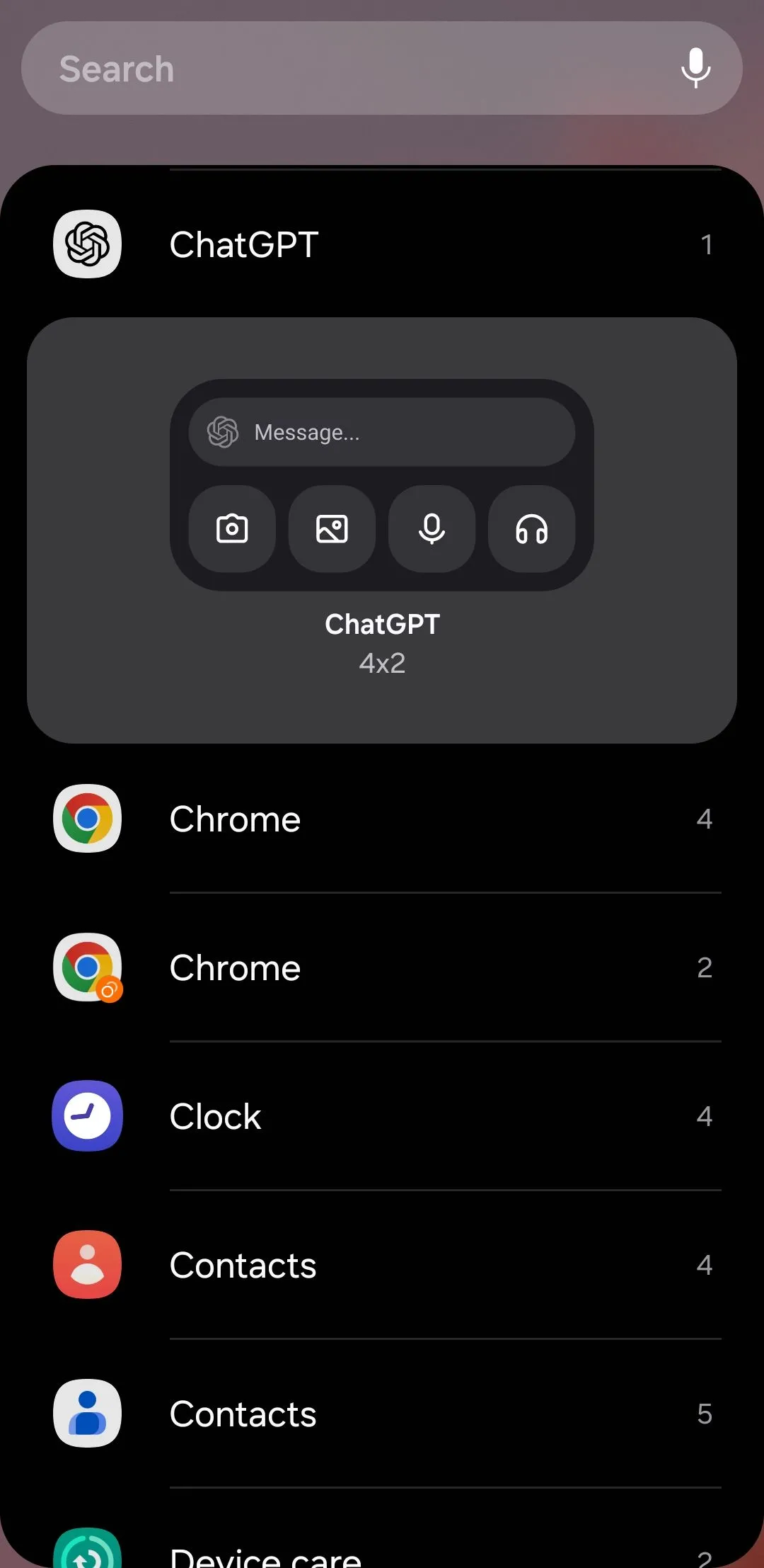 Widget ChatGPT trên điện thoại Android, hiển thị các tùy chọn nhập liệu bằng văn bản, giọng nói và hình ảnh.