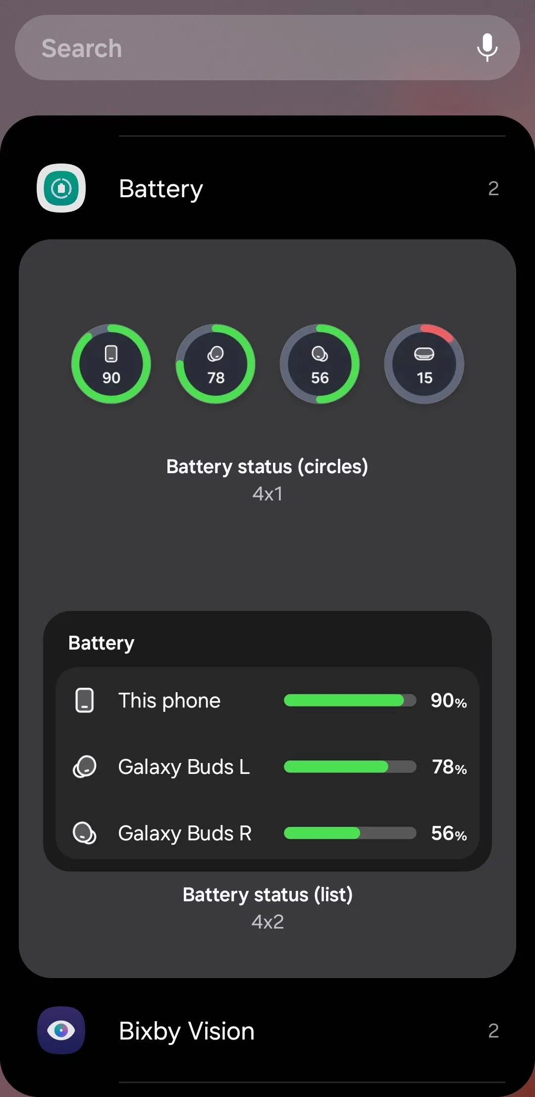 Widget hiển thị phần trăm pin của điện thoại, tai nghe Galaxy Buds và đồng hồ Galaxy Watch.