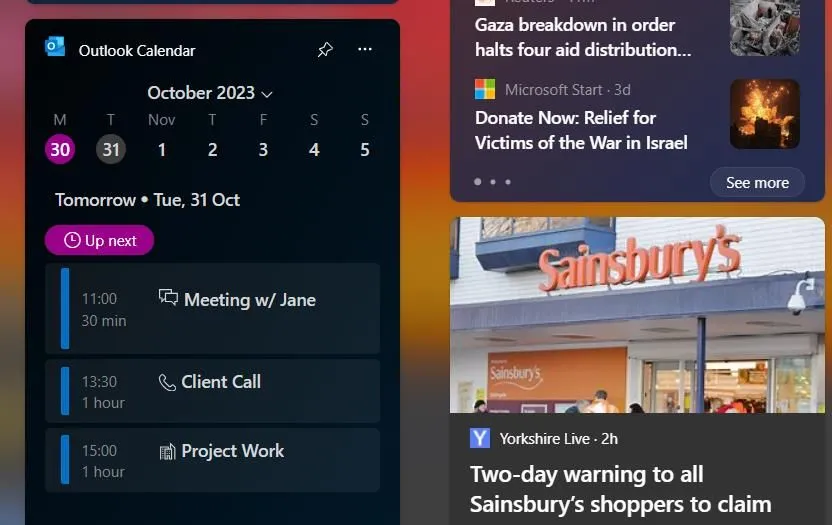 Widget lịch Outlook hiển thị các sự kiện và ngày lễ trên Windows 11