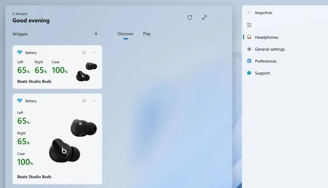 Widget MagicPods hiển thị mức pin tai nghe Bluetooth và hộp sạc trên Windows 11