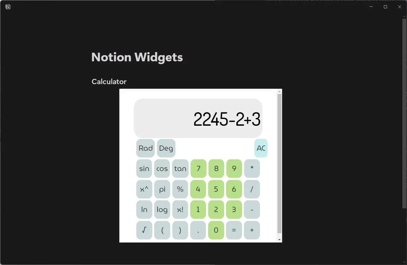 Widget máy tính Notion tích hợp giúp thực hiện các phép tính nhanh chóng ngay trên trang.