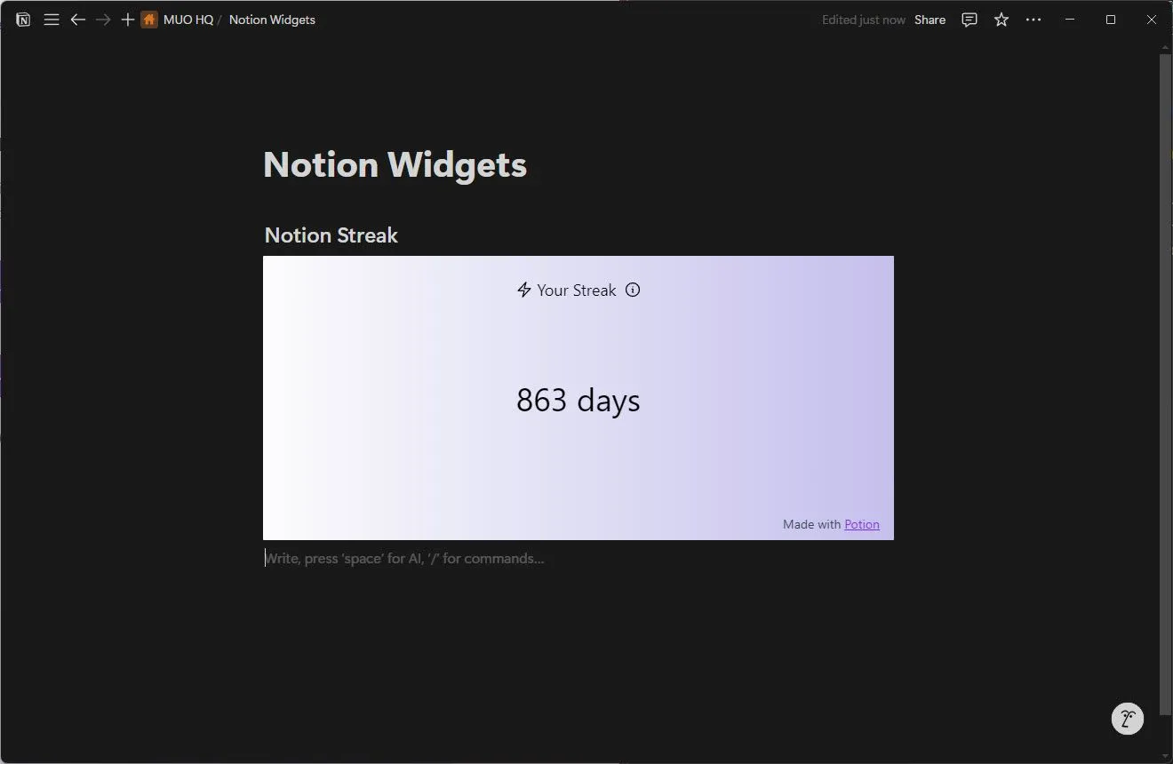 Widget Notion Streak giúp theo dõi chuỗi ngày làm việc và tạo động lực mỗi ngày.
