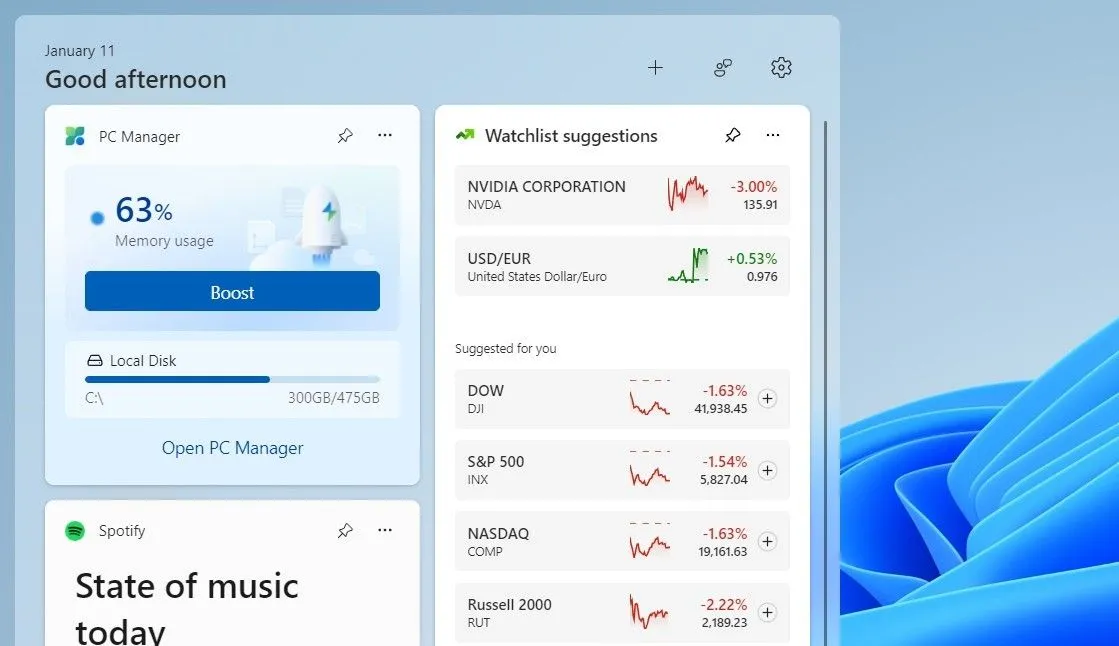 Widget PC Manager theo dõi mức sử dụng bộ nhớ và tối ưu hiệu suất máy tính Windows 11