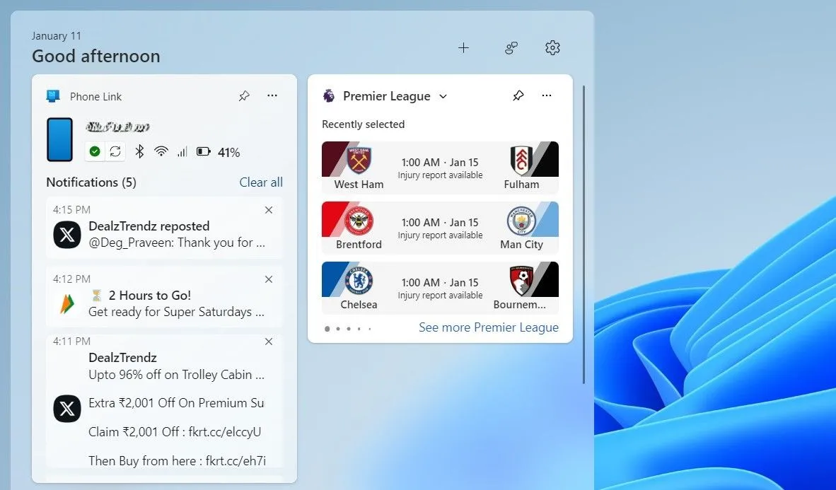 Widget Phone Link hiển thị trạng thái điện thoại và thông báo trên Windows 11