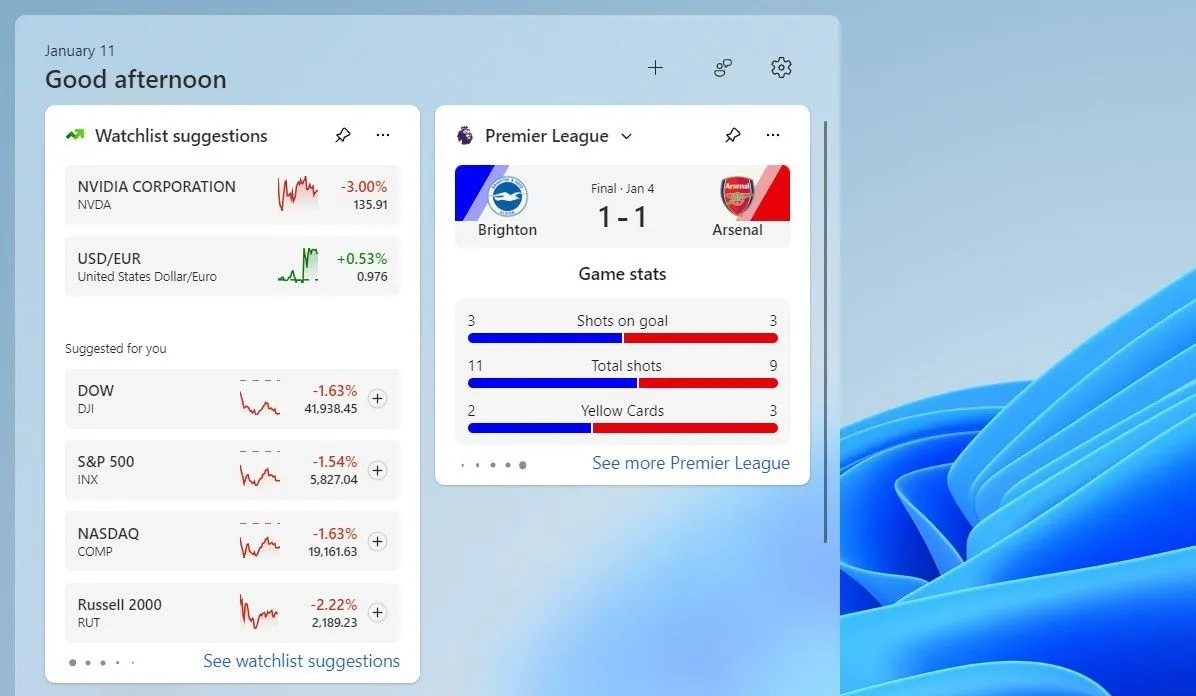 Widget Sports hiển thị tỷ số và lịch thi đấu bóng đá trên bảng widget Windows 11