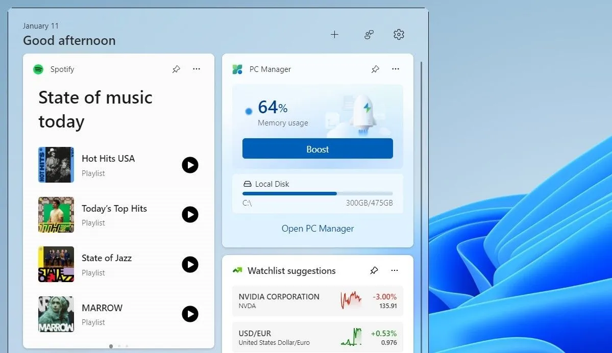 Widget Spotify giúp quản lý và chuyển đổi playlist nhạc trên Windows 11