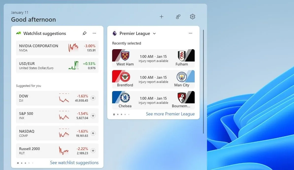 Widget Watchlist hiển thị thông tin theo dõi thị trường tài chính trên Windows 11