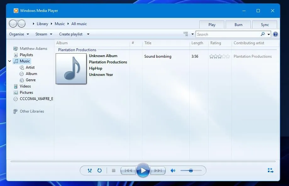 Windows Media Player phiên bản cũ với giao diện truyền thống