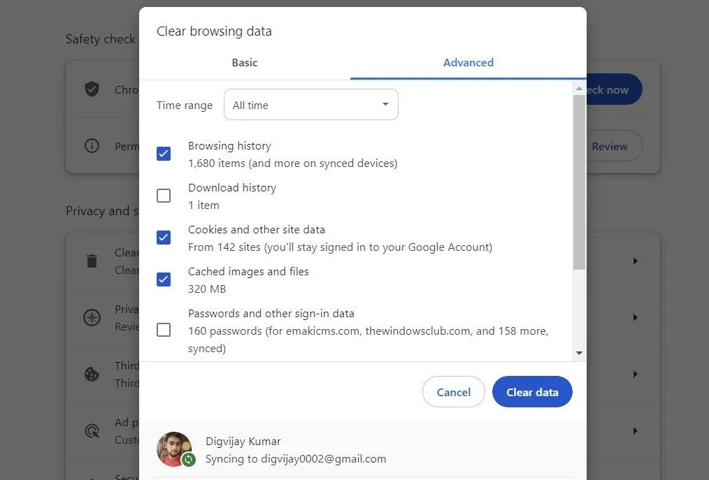 Xóa dữ liệu duyệt web trong trình duyệt Google Chrome
