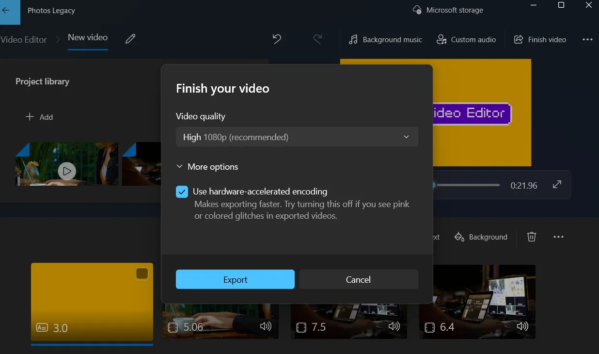 Xuất video trong trình chỉnh sửa video ứng dụng Windows Photos Legacy