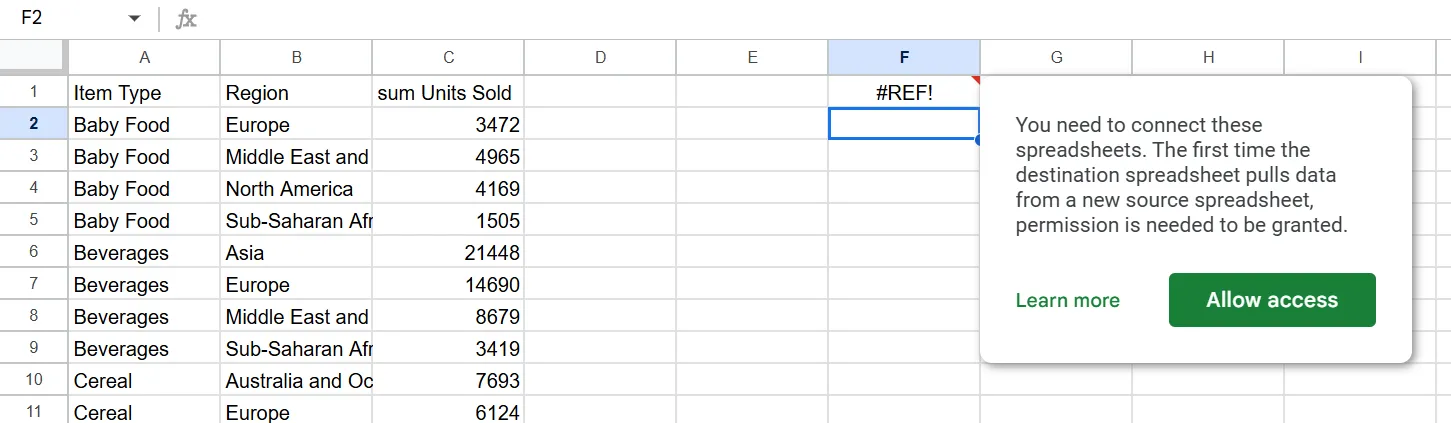 Yêu cầu cấp quyền truy cập để hàm QUERY nhập dữ liệu từ một bảng tính Google Sheets bên ngoài