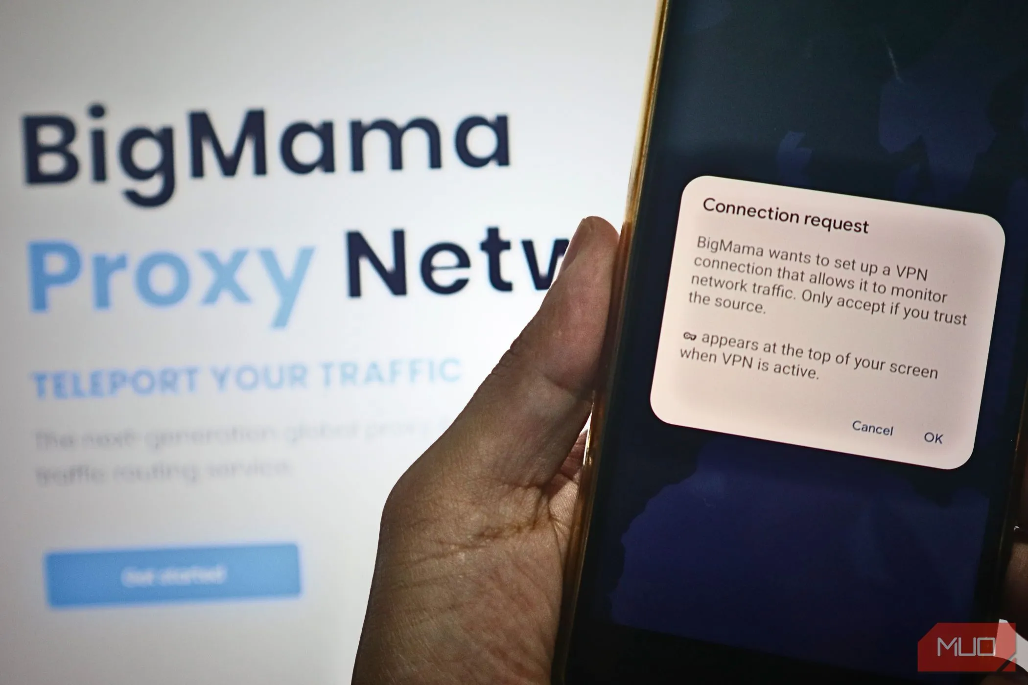 Yêu cầu kết nối của ứng dụng VPN miễn phí BigMama, minh họa rủi ro tiềm ẩn khi sử dụng VPN miễn phí